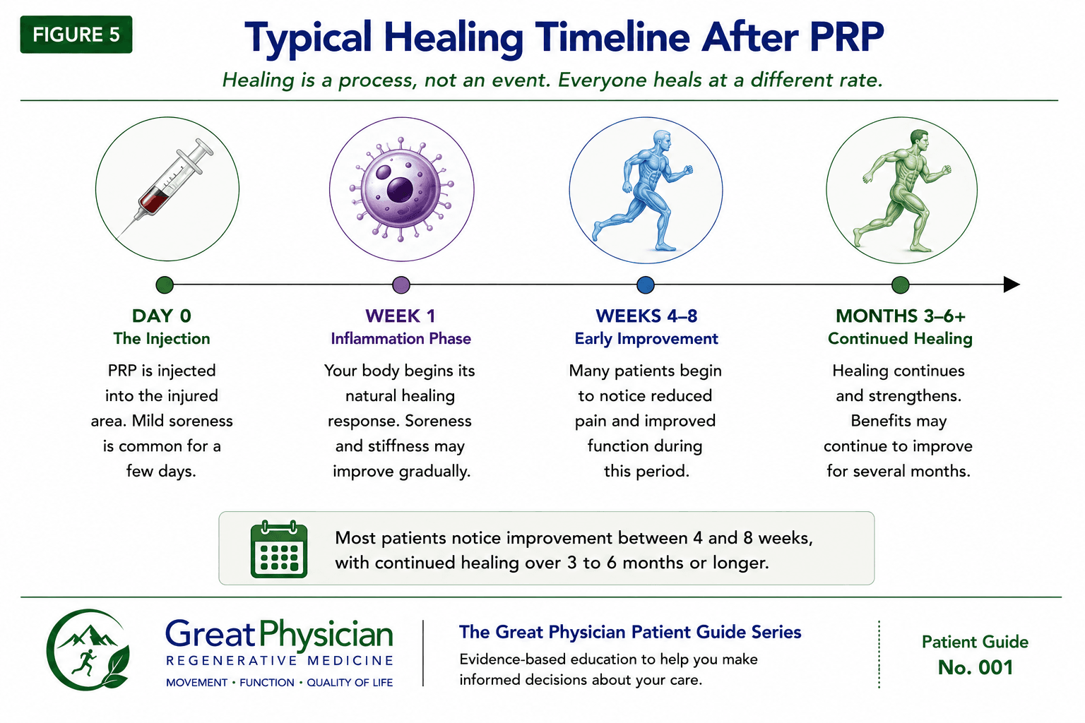 Figure 5: Typical healing timeline after PRP — injection at day zero, inflammation phase in week one, early improvement at weeks four to eight, and continued healing over three to six months or longer.