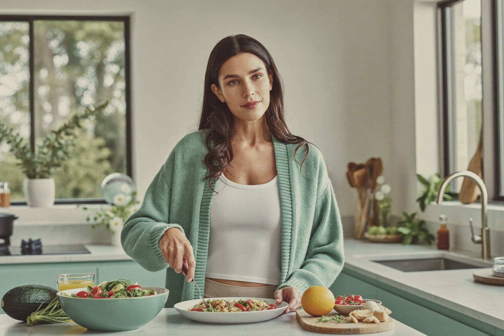 Woman preparing a fresh, healthy meal in her kitchen